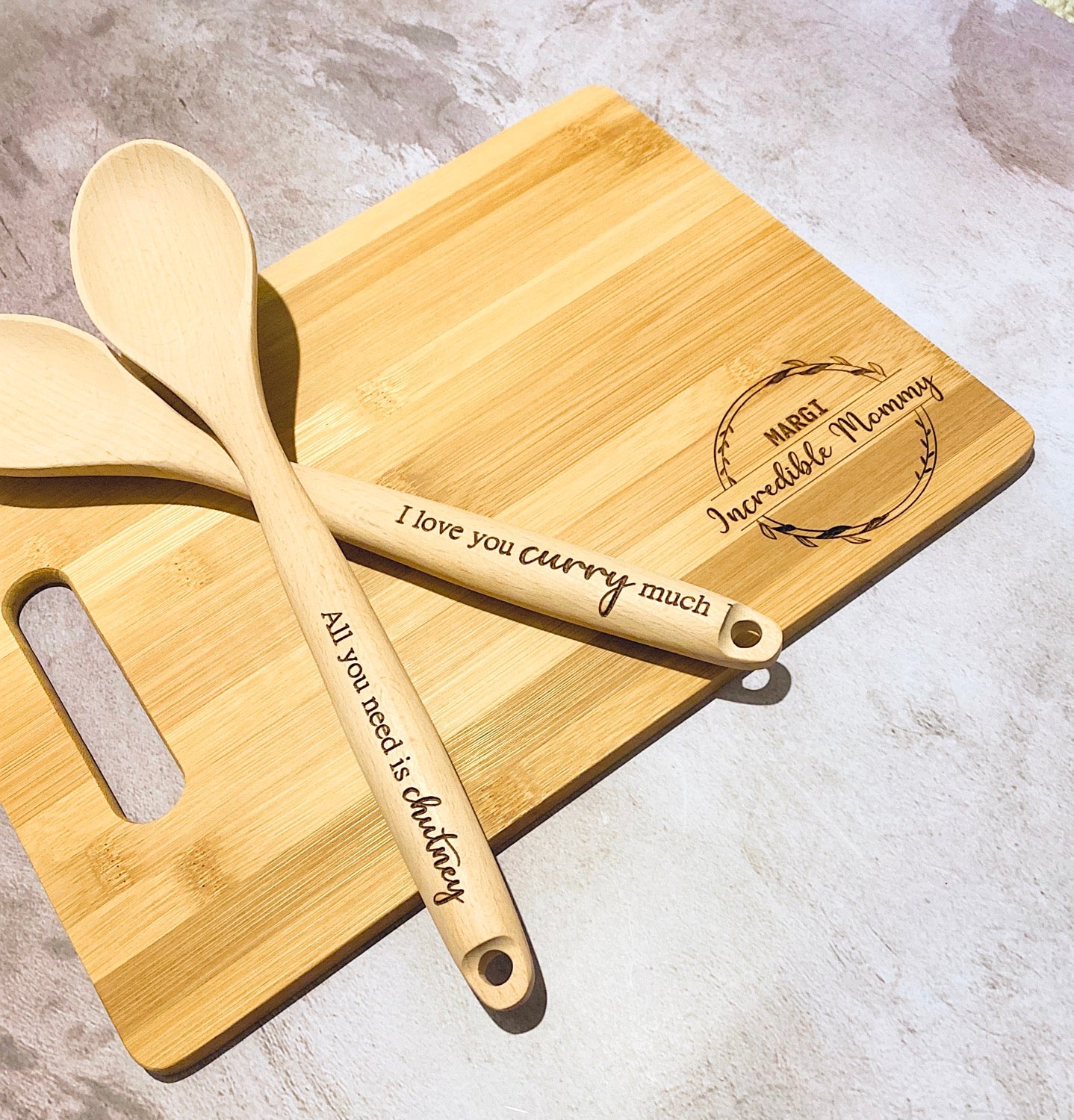 Set of 2 Engraved Wooden Mixing Spoons